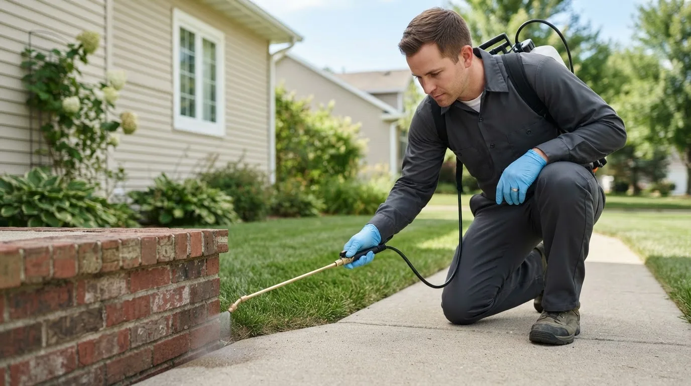 Pest control technician treating a home near Kellerton, IA