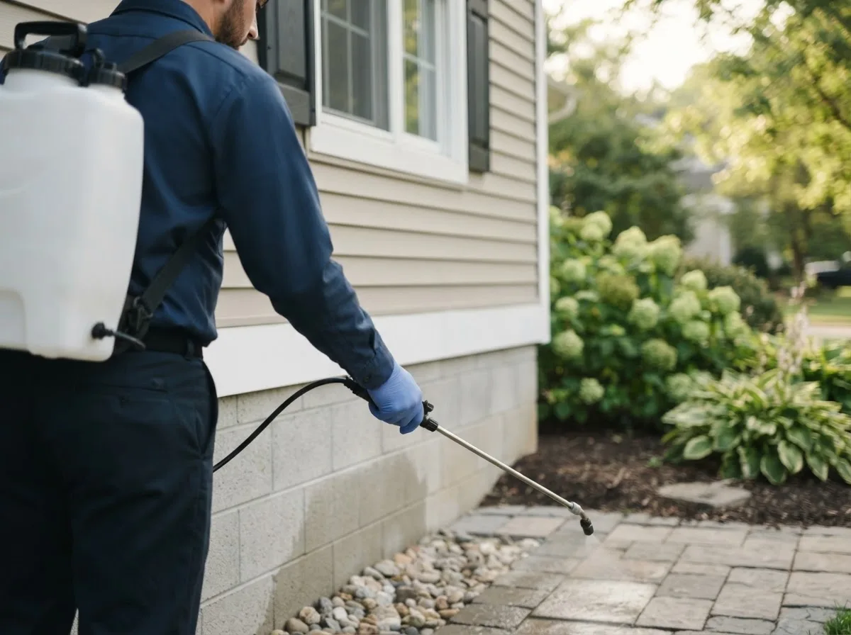 Pest control technician inspecting a home in Kellerton, IA